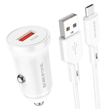 Автомобільний зарядний пристрій із швидкою зарядкою + кабель Micro-USB BOROFONE BZ18 |USB, QC3.0 18W| Білий
