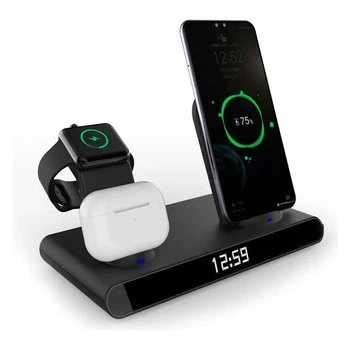 Док-станция JYD 4в1 Wireless Charger 15W для Apple Watch/Airpods/Phone с часами
