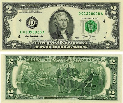 Банкнота США 2 доллара 2013 UNC Т. Джефферсон D - Кливленд (P538)