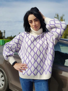 Світер жіночий оверсайз у візерунок Flex Moda Молочний з бузковим (А-1772 2XL/50)