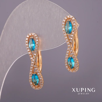 Сережки Xuping з білими стразами та блакитними каменями 6х25мм Позолота 18К, ida55333