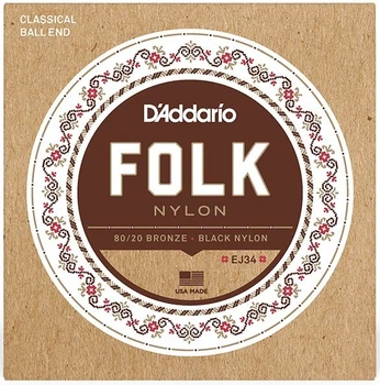 Струны для классической гитары D'Addario EJ34 FOLK NYLON 80/20 Bronze Ball End Black Treble