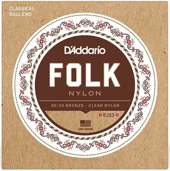 Струны для классической гитары D'Addario EJ33 FOLK NYLON 80/20 Bronze Ball End Clear Treble
