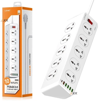 Мережевий фільтр подовжувач 10 EU розеток з 6 USB 2м із захистом із заземленням Ldnio 2500W 10A Білий (SC10610)