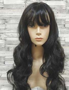 Парик длинный черный волнистый с пробором и челкой "Dallies wig" (7796)