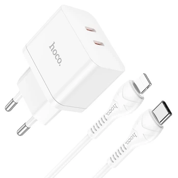 Сетевое зарядное устройство Hoco N29 Triumph |2Type-C, 35W/3A, PD/QC| адаптер с быстрой зарядкой кабелем Lightning 1м. White