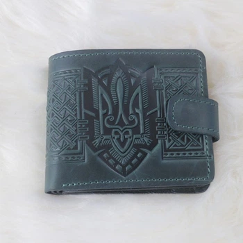 Кошелек кожаный маленький с четырьмя отделами для карт и паспорта Презент Герб Украины патриотический зеленый