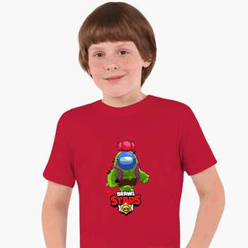 Дитяча футболка Амонг Ас Бравл Старс Спайк (Among Us Brawl Stars Spike) (25186-2599) 134-140 см Бавовна Червоний