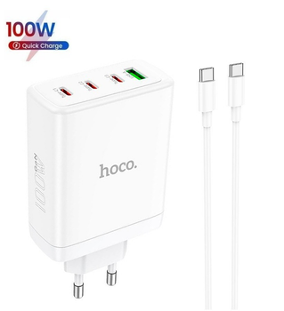 Блок живлення Hoco 100W GaN Quick Charger |1xUSB/3xType-C, QC/PD, 5A| + кабель USB-C 100W для MacBook/Huawei/Samsung/Asus/Google/Lenovo white