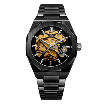 Мужские механические часы Gusto Skeleton чёрные с золотистым циферблатом