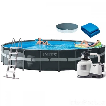 Каркасный бассейн Intex 26340 фильтр-насос, лестница, тент, подстилка 732-132см, объем 47241 л