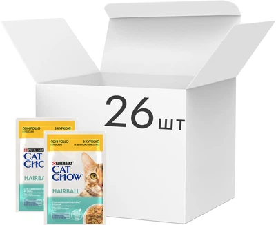 Упаковка влажного корма для кошек Purina Cat Chow Hairball для уменьшения образования шариков шерсти в пищеварительном тракте с курицей и зеленой фасолью 85 г x 26 шт.