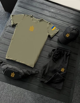 Чоловічий спортивний патріотичний костюм (футболка+шорти+кепка+бананка) Чорний з хакі XL