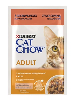 Упаковка вологого корму Purina Cat Chow Adult для котів з яловичиною та баклажанами (шматочки в желе) 85 г x 26 шт