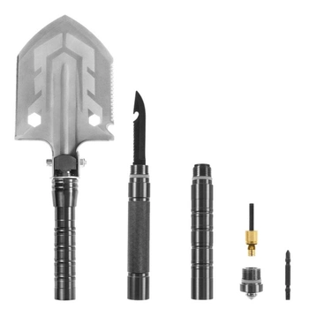 Складна саперна туристична лопата Badger Outdoor BO-MFSH7-SLV тактична металева з ножем пилкою та мультитулом + чохол