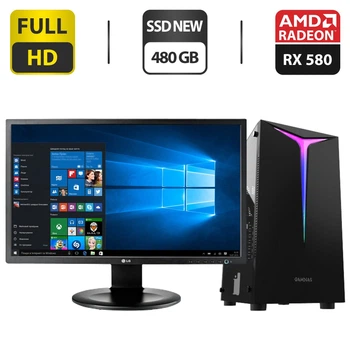 Комплект ПК: Gamdias Argus E2 Elite Tower NEW / Intel Core i3-6100 (2(4) ядра по 3.7GHz) / 16GB DDR4 / 480GB SSD NEW / AMD Radeon RX 580, 8 GB GDDR5, 256-bit / 600W NEW + Монитор 24" IPS + Кабели подключения б/у