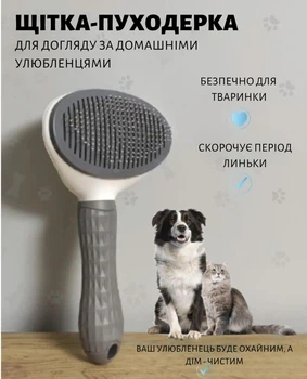 Щетка пуходерка Meow Meow для вычесывания шерсти и подшерстка у кошек и собак самоочищающаяся 11х8х20 см серая (000003)