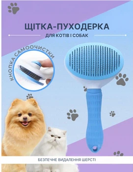 Щетка пуходерка Meow Meow для вычесывания шерсти и подшерстка у кошек и собак самоочищающаяся 11х8х20 см голубая (000002)