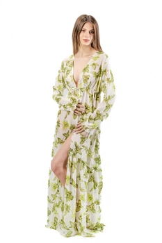 Халат пляжный женский в пол из шифона 98-001/з One size (S-L) Белый с зеленым (2000012465017)