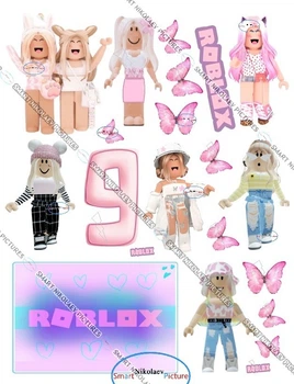 Сахарна їстівна картинка роблокс рожевий, метелики, ROBLOX вис.8см, вис.8*12см для дівчинки на 9 років на торт (SNP - 00967)