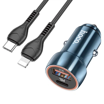 Автомобильное зарядное устройство Hoco Z46A + кабель Type-C на Lightning (20W, Type-C+USB, адаптер в прикуриватель, с индикатором, с быстрой зарядкой) - Синий