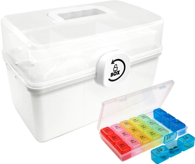 Аптечка-органайзер для лекарств MVM PC-16 размер M пластиковая Белая (PC-16 M WHITE)+Органайзер для таблеток MVM 7 дней PC-03 T пластиковый прозрачный (PC-03 T)