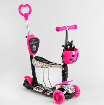 Самокат с сидением 5 в 1 Best Scooter 15800 Божья коровка корзинка родительская ручка розовый с белым