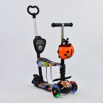 Самокат с сидением 5 в 1 Best Scooter 15600 Божья коровка корзинка родительская ручка оранжевый