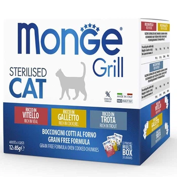 Monge (Монж) Grill Sterilised Cat Multipack Cockerel&Trout&Vea – Набір паучів з півнем, фореллю, телятиною для стерилізованих котів, 12х85 г
