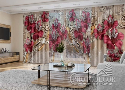 3D - Фото Штори і тюль PHOTODECOR "Червоні квіти та стрази" 1 кв.м