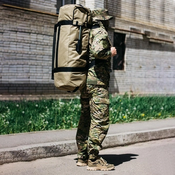 Баул-сумка військова, Оксфорд баул армійський 100 л тактичний баул, тактичний баул-рюкзак, койотм із кріпленням для каремату та саперної лопати.