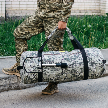 Сумка-баул-рюкзак, баул армійський Оксфорд тактична на 100 л Піксель із кріпленням для каремату та саперної лопати.