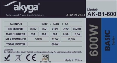 Блок питания AKYGA power supply unit 600 W 20+4 pin ATX ATX Grey (AK-B1-600)