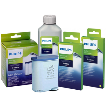 Набор для обслуживания кофеварки Philips Saeco (фильтр AquaClean таблетки от масел/жидкость от накипи/порошок от молочки)