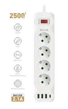 Фільтр-подовжувач AURA Energy 4+3 USB-A + USB-C (PD) 2M White