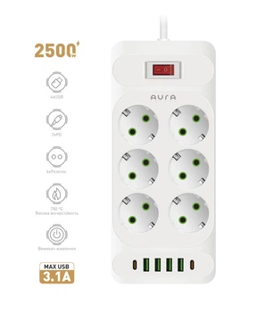 Фільтр-подовжувач AURA Energy 6+4 USB-A + 2 USB-C (PD) 2M White