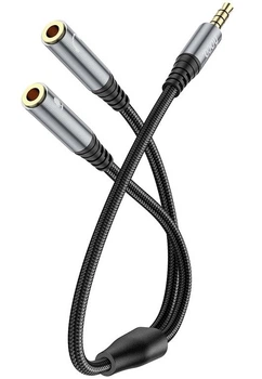 Кабель Переходник 2 in 1 Mini-Jack 3.5mm Аудио+Микрофон Hoco Аукс Audio adapter 0,25M Black-Grey