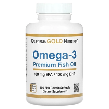 Жирні кислоти California Gold Nutrition, омега-3, риб'ячий жир преміальної якості, 180 мг ЕПК / 120 мг ДГК, 100 капсул