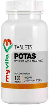 Харчова добавка Myvita Potassium 100 таблеток Підтримує роботу м'язів та мозку (5906395684557)