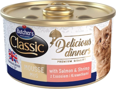 Вологий корм для котів Butcher's Classic Delicious Dinners з лососем та креветками - банка 85 г (5011792001644)