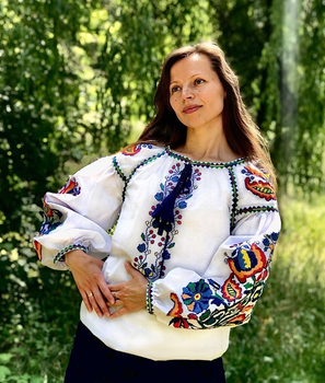 Вышиванка украинская женская крестиком - Казацкий Божник, рукав - Бохо, ткань - качественный Хлопок 100%, цвет: Белая, Boho Blue размер евро 34