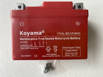 Мото аккумулятор KOYAMA YTX4L-BS без обслуживания -/+, 12V, 4Ah, 50 A, 114x71x88мм вес 1.420кг.
