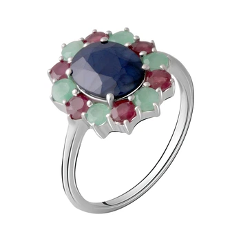 Серебряное кольцо с натуральным сапфиром 5.58ct, изумрудом, рубином, вес изделия 4,32 гр (2065180)