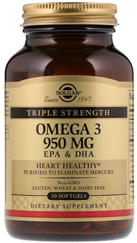 Kwasy tłuszczowe Solgar Triple Strength Omega-3, EPA i DHA 950 mg 50 kapsułek (0033984020573)