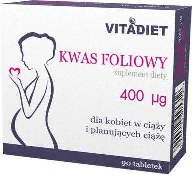Харчова добавка Vitadiet Фолієва кислота 400 мкг 90 таблеток для вагітних (5900425005312)