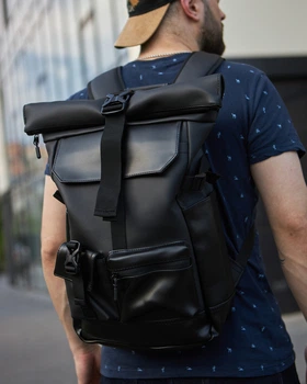 Стильный и практичный рюкзак роллтоп для ноутбука Rolltop для путешествий черного цвета из экокожи