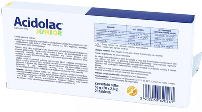Харчова добавка для дітей Acidolac Junior зі смаком білого шоколаду 20 таблеток (5903060620261)