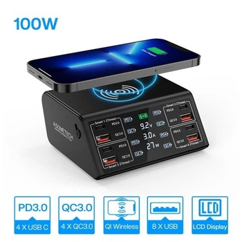 Зарядний пристрій Asometech 100W 9в1 4хType-C|4xUSB|1xQi Wireless charger (black)