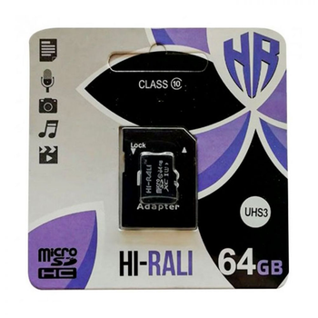 Карта Micro SDXC Hi-Rali память 64gb UHS-3 Class 10 с адаптером Черный