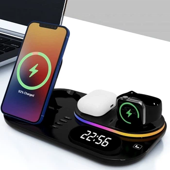 Бездротова Зарядка Qi 4in1 Wireless Charger RGB/Clock JYD WC124 |30W Total| Док-станція для iPhone + iWatch + Airpods